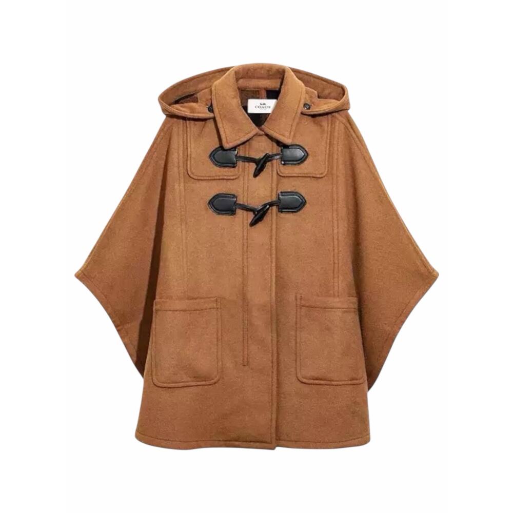Coach Wool Blend Hooded Duffle Cape Coat Toggle Camel Brown Size M/L - Picture 2 of 14